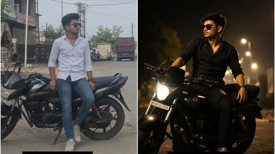 Synthetic before-after preview for an AI boy attitude DP RSP editing prompt with a generic bike scene and sunset mood.