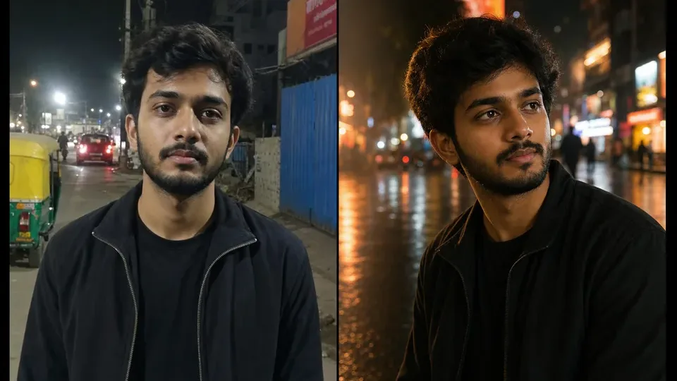 Synthetic before-after preview for an AI Editor RSP Editing boy DP prompt with a plain portrait idea and cinematic street lighting direction.