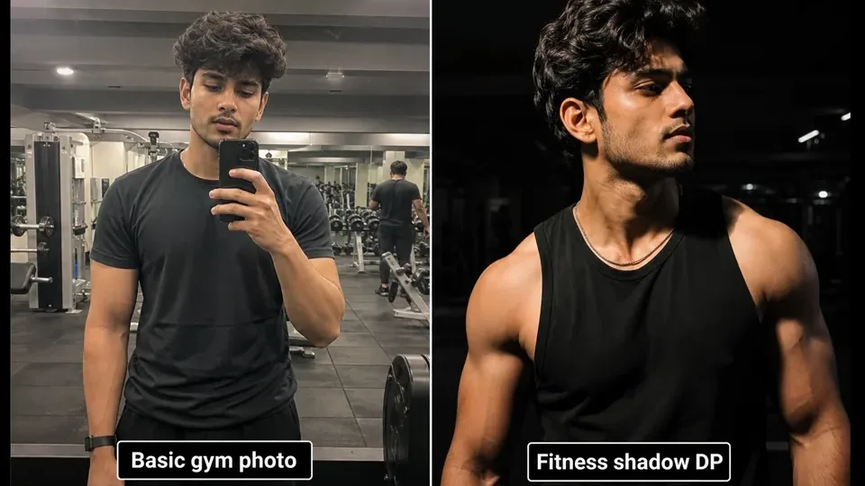 Synthetic before-after preview for an AI boy fitness RSP editing prompt with a plain portrait idea and gym shadow direction.