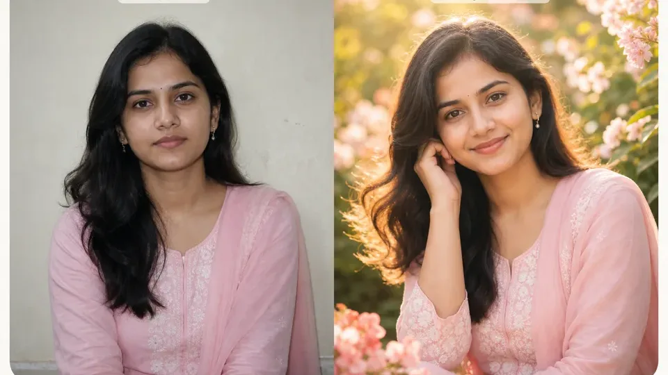 Synthetic before-after preview for an RSP editing prompt for AI girl portraits, showing a simple portrait idea and soft floral direction.
