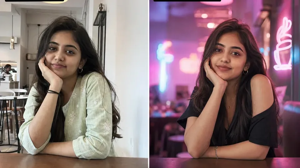 Synthetic before-after preview for an AI girl RSP editing prompt with a plain portrait idea and neon cafe color direction.