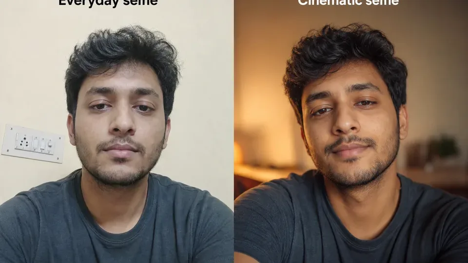 Synthetic before-after preview for an AI photo editing prompt with a simple selfie idea and warm cinematic portrait direction.