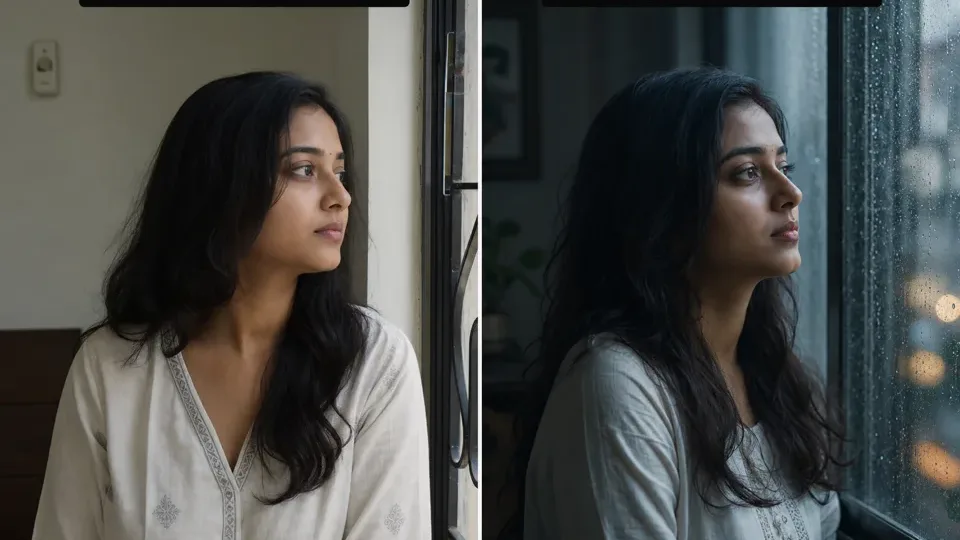Synthetic before-after preview for a moody RSP editing prompt with a plain portrait idea and rainy window light direction.