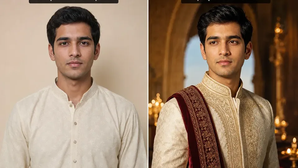 Synthetic before-after preview for an RSP editing prompt with a traditional portrait idea and warm royal-style direction.