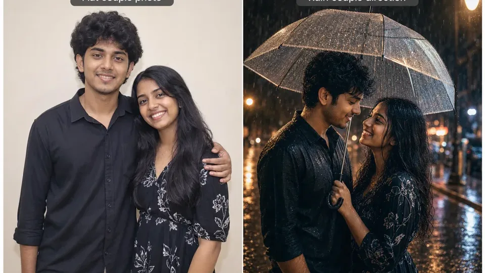 Synthetic before-after preview for a couple photo RSP editing prompt with a plain couple idea and romantic rain direction.