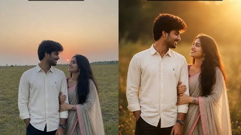 Synthetic before-after preview for a couple photo RSP editing prompt with a plain couple idea and golden sunset field direction.