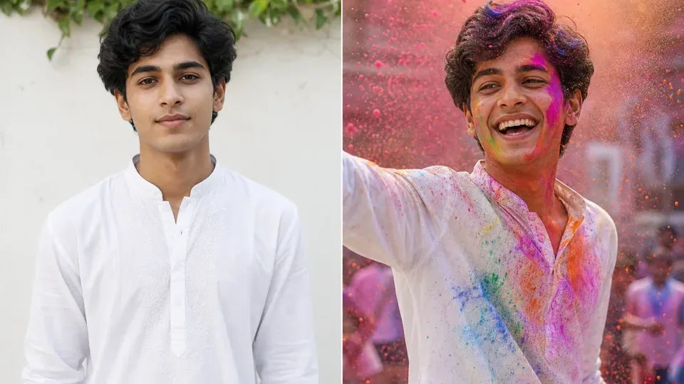 Synthetic before-after preview for a Holi RSP editing prompt with a plain portrait idea and colorful festival powder direction.