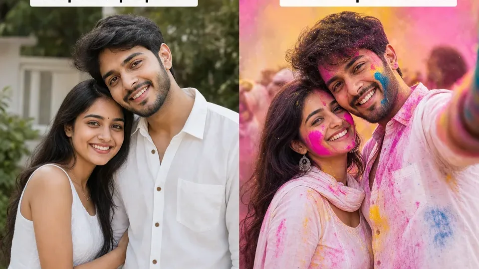 Synthetic before-after preview for a Holi couple RSP editing prompt with a plain couple idea and colorful festival direction.