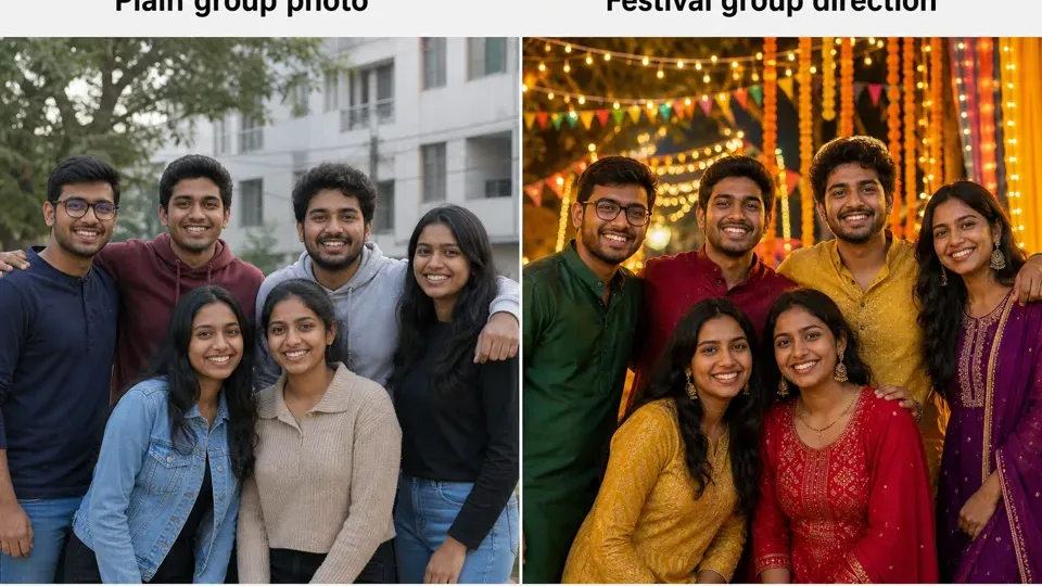 Synthetic before-after preview for a festival group RSP editing prompt with friends, bright colors, and balanced portrait composition.