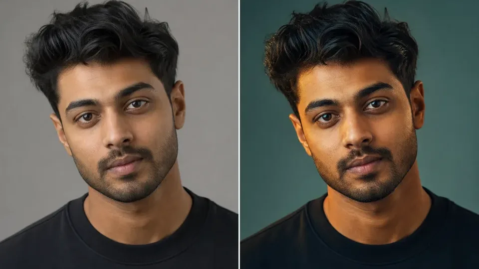 Synthetic before-after preview for AI Editor RSP Editing Lightroom-style warm social DP settings.