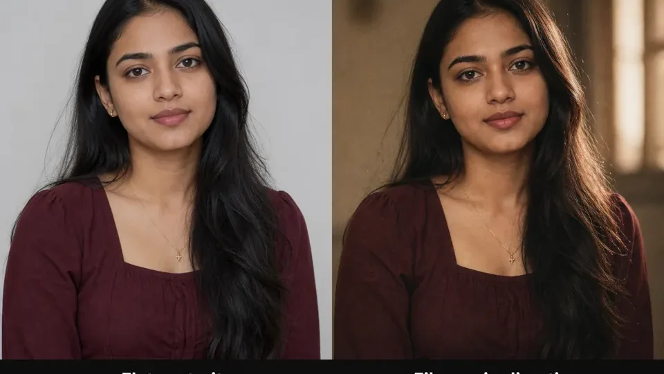 Synthetic before-after preview for an RSP editing prompt and Lightroom-style recipe with warm highlights and subtle film grain.
