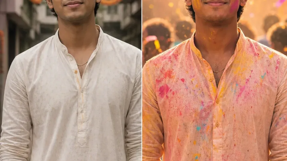Synthetic before-after preview for an RSP editing template-style festival reveal story with a simple portrait and colorful final direction.