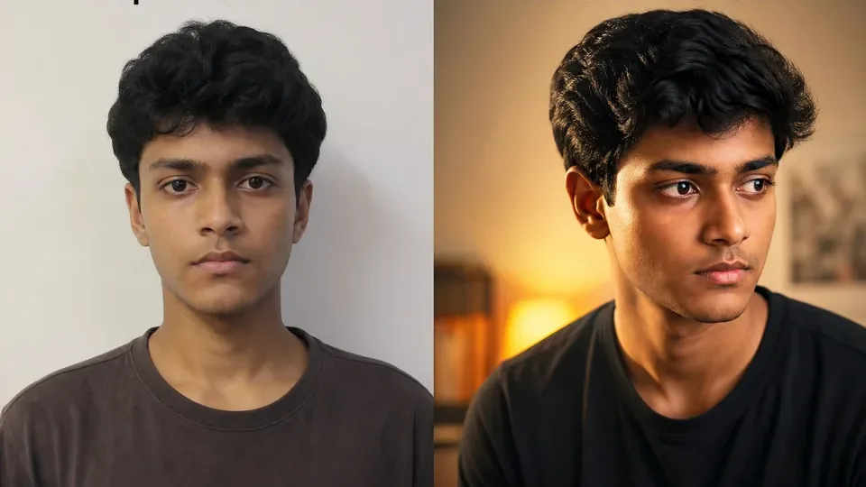 Synthetic before-after preview for an RSP editing template-style reel cover prompt with cinematic lighting and caption space.
